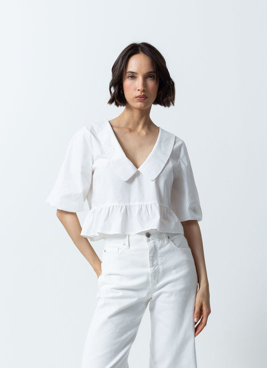 V neck, ruffle detailed, balloon sleeve blouse