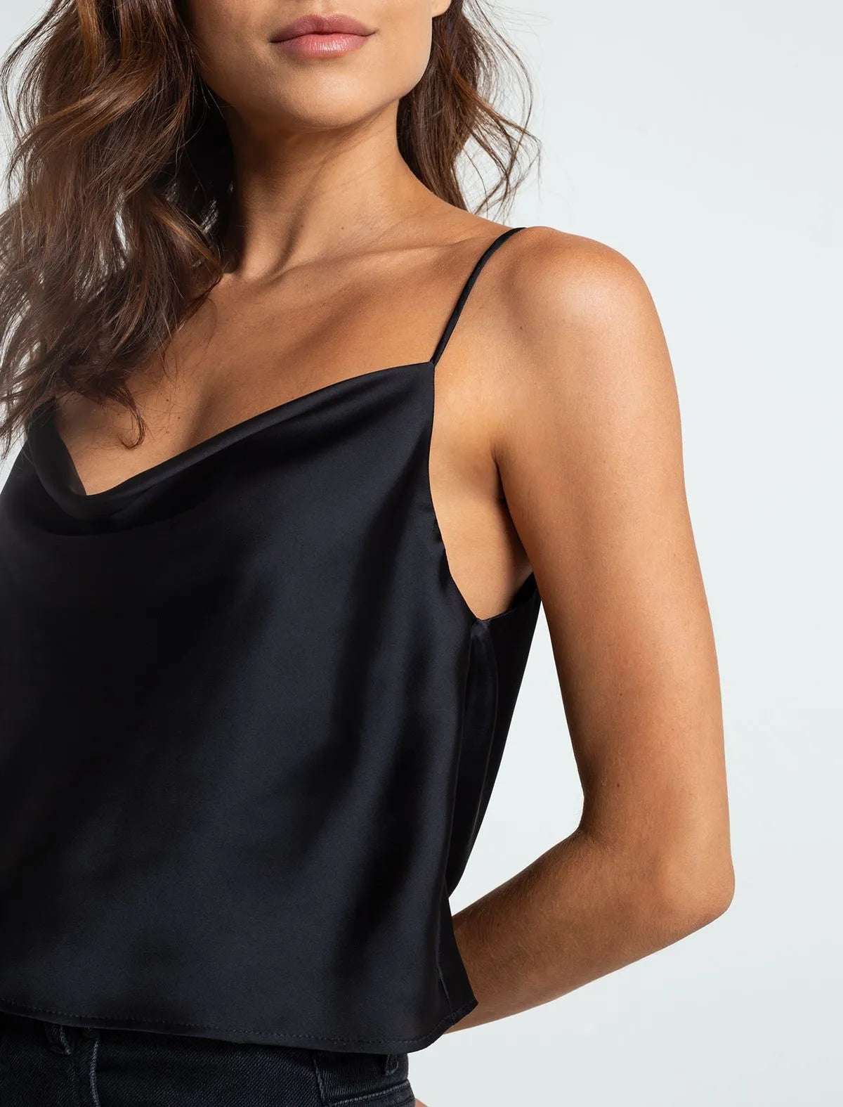 Satin-like fabric shirt • Draped neckline.