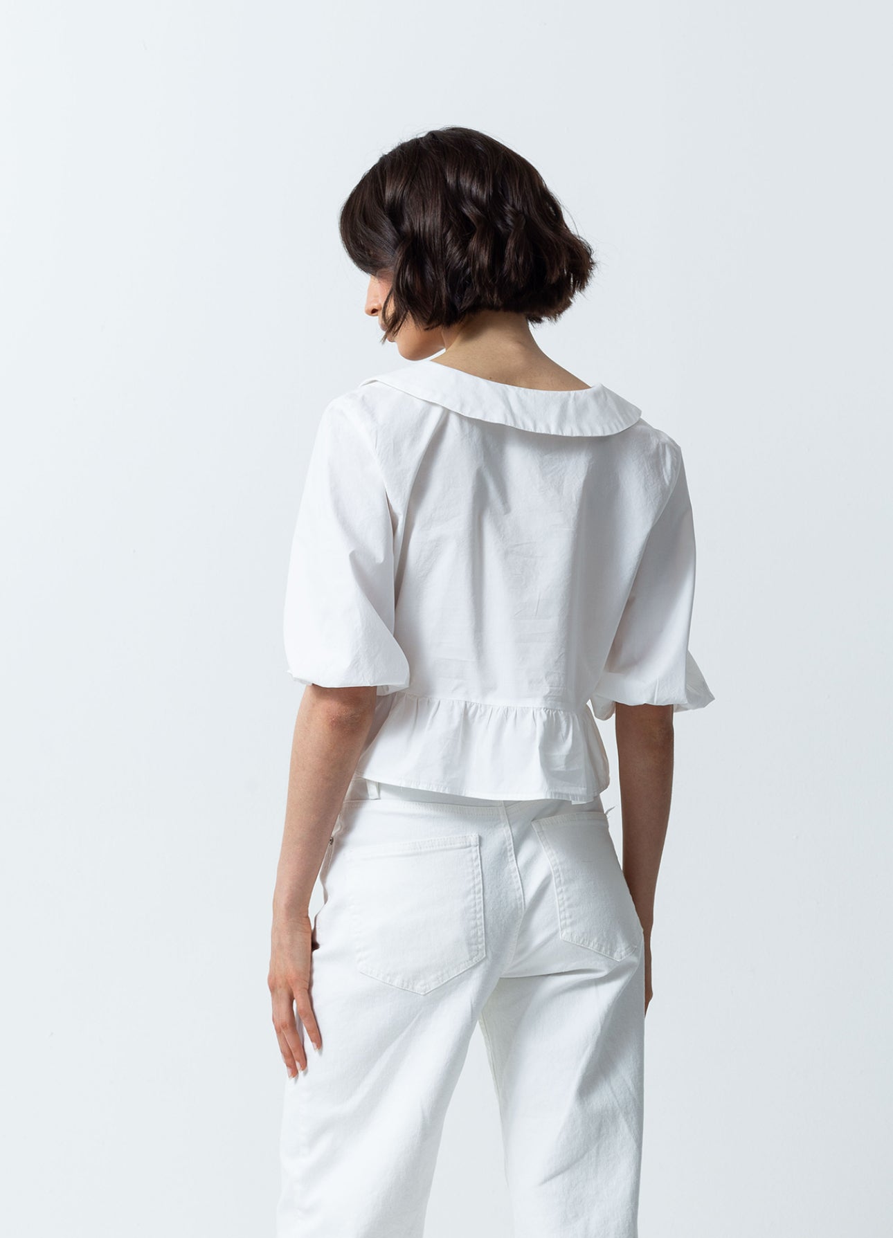 V neck, ruffle detailed, balloon sleeve blouse