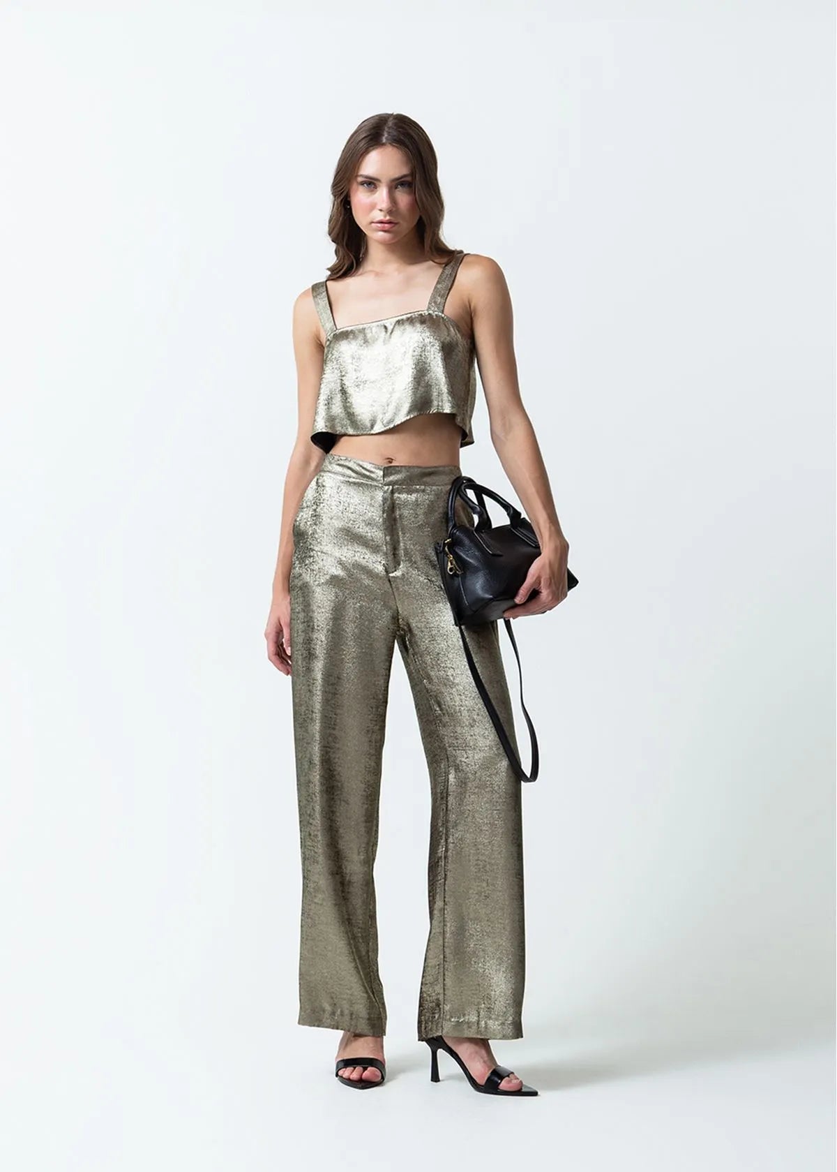Shiny straight leg trousers