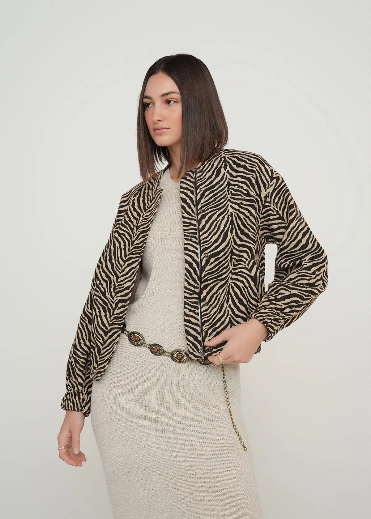 Animal print jacket with zipper