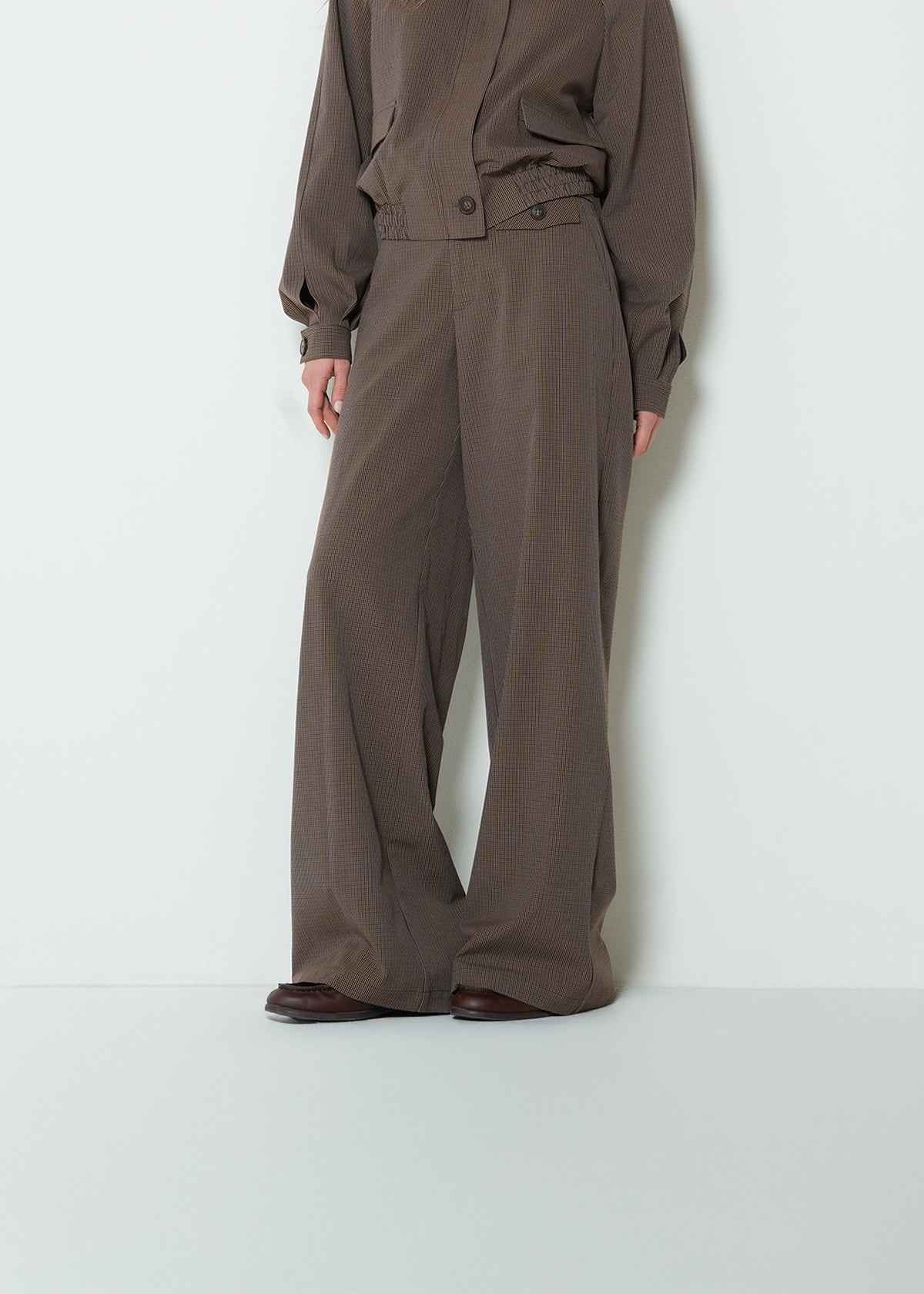 Brown Micro-Check Wide-Leg Pants