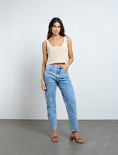 Load image into Gallery viewer, Medium tone jeans.  • High waist.  • Mom fit.  • Five pockets.  • Waistband pins.
