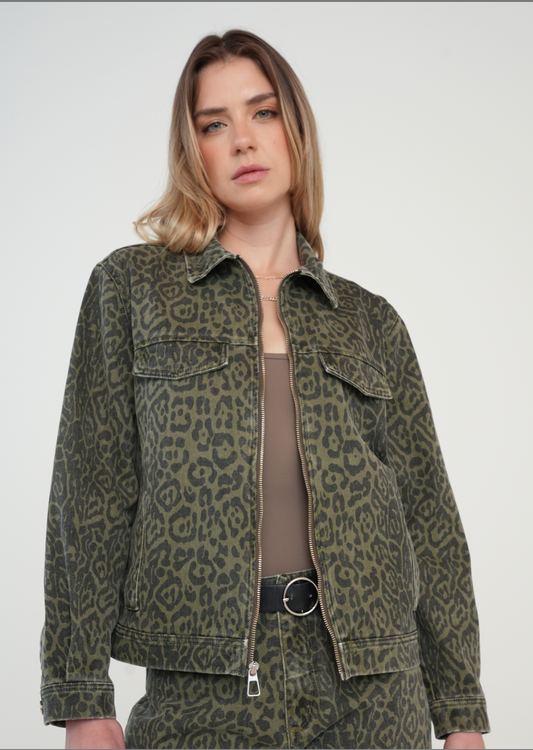 Green animal print denim jacket