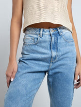 Load image into Gallery viewer, Medium tone jeans.  • High waist.  • Mom fit.  • Five pockets.  • Waistband pins.
