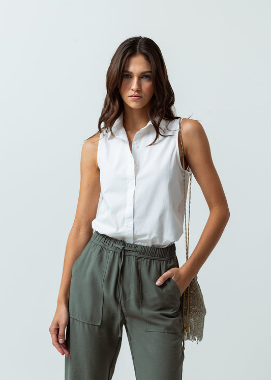 White Collared Button Up Sleeveless Shirt